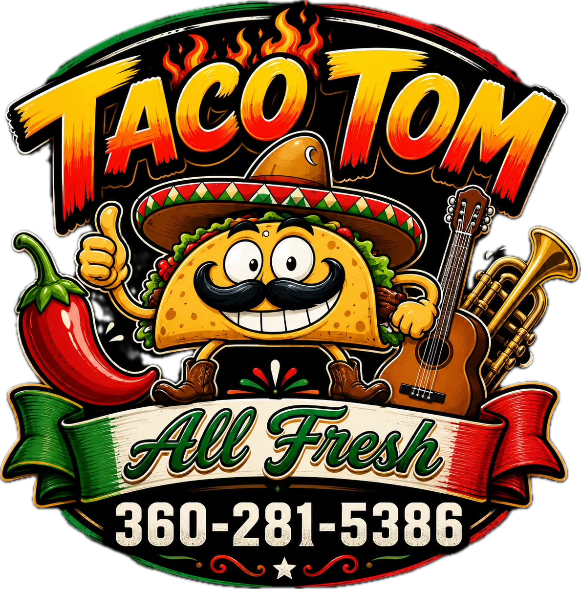 Taco Tom's logo with phone number